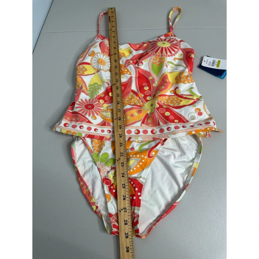 Jantzen One Piece‎ Swimsuit Size 14 Floral Artsy Red White Boho